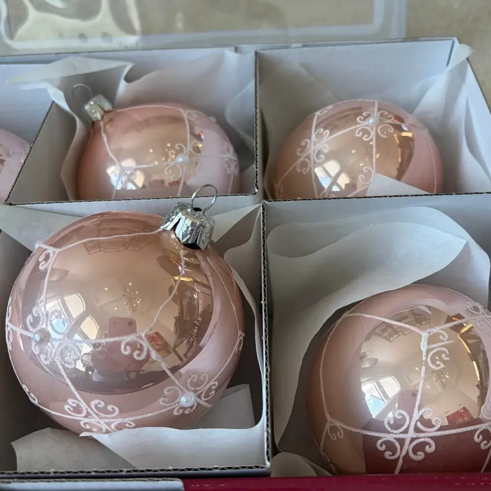 NEW Vitbis Poland Handcrafted Glass Ornaments Set of 6 Pink w/ White Glitter